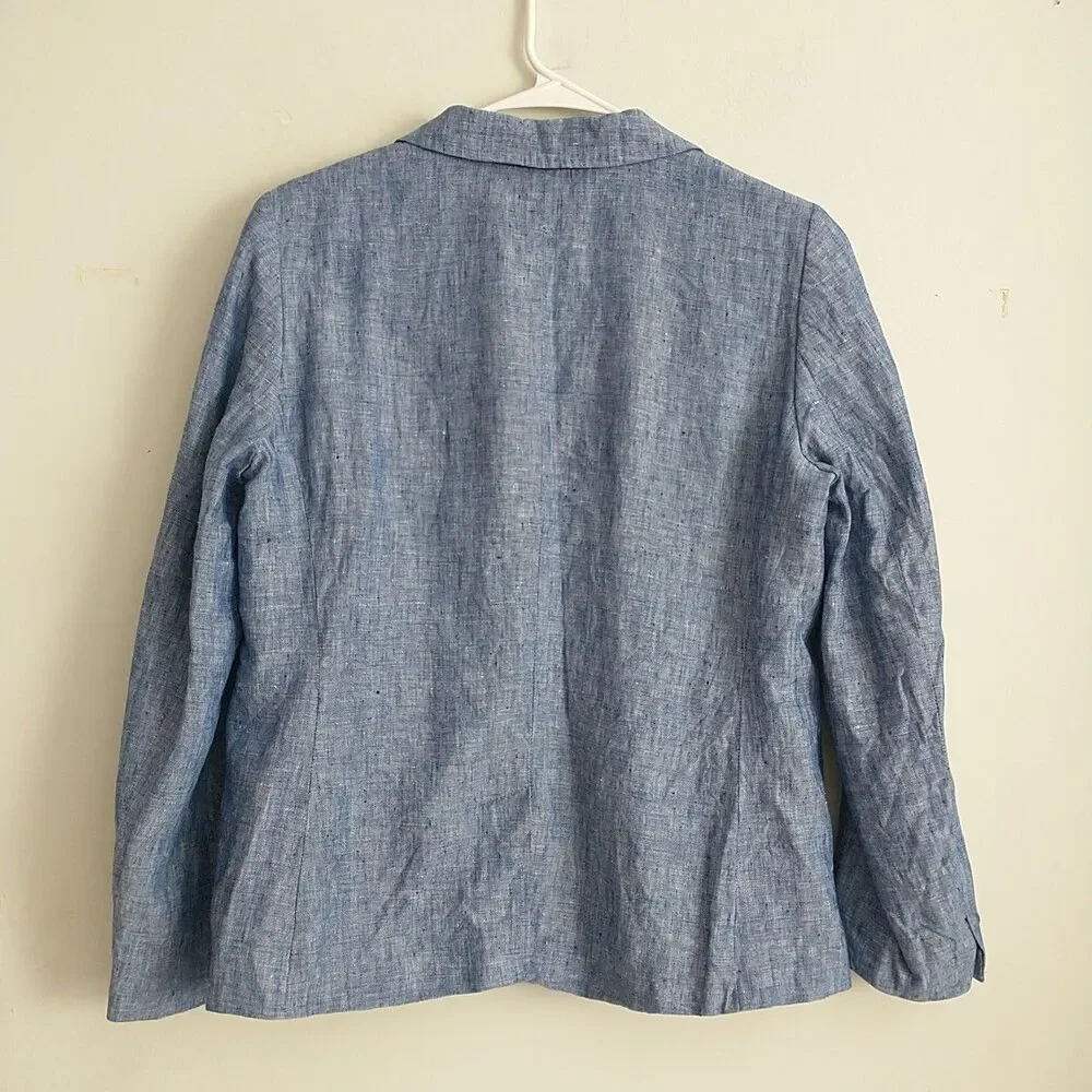 Talbots Blazer Jacket Womens MPetite Blue 100% Linen 2-Button Lined Coastal